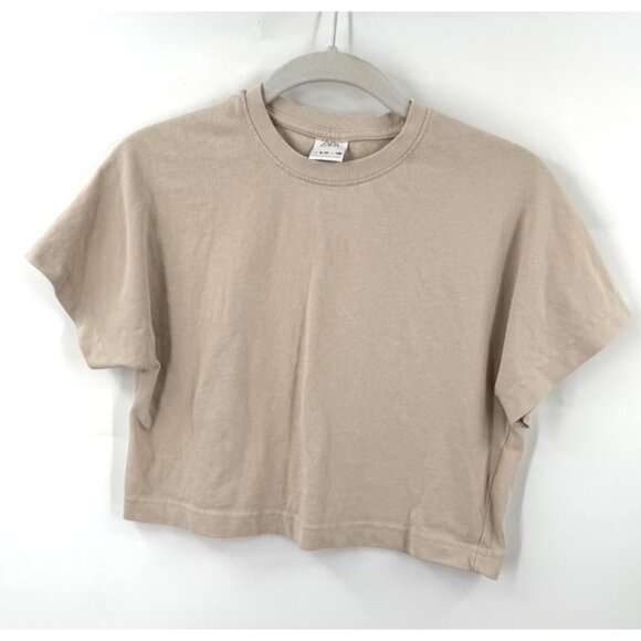 Zara Kids Basic Cropped T-Shirt Neutral Size 9-10 Beige Tan 100% Cotton - Picture 1 of 4